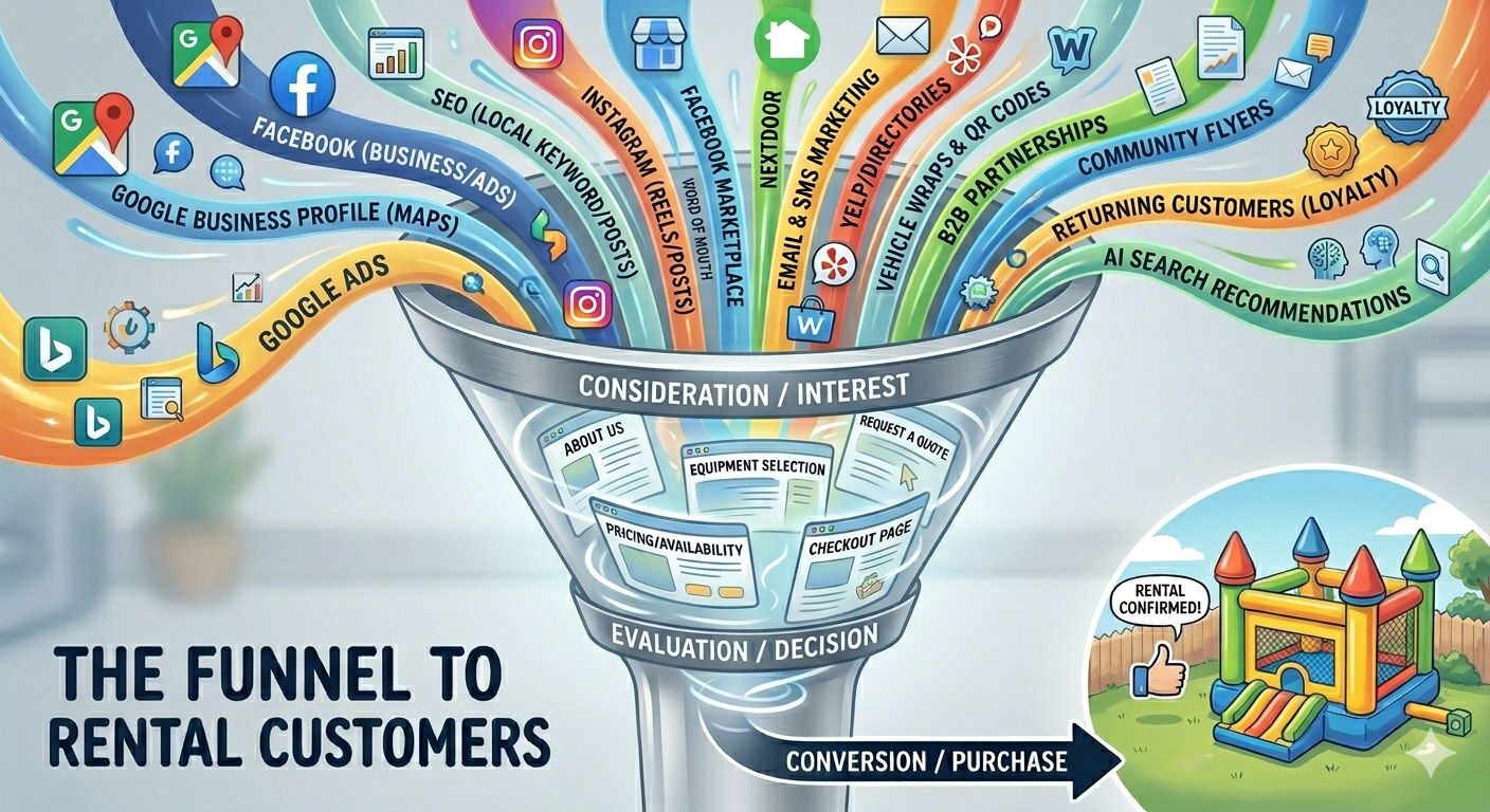The Funnel to Rental Customers - Marketing channels flowing into consideration, evaluation, and conversion stages for bounce house rental businesses